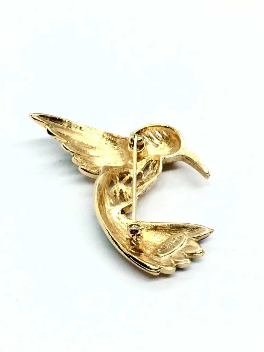 VINTAGE NAPIER BROOCH Hummingbird Bird Blue Green Enamel Gold Tone Figural